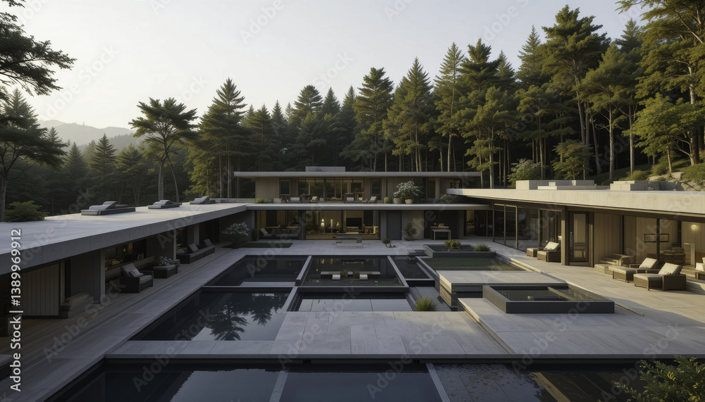 Fototapeta premium modern luxury villa with spacious courtyard and pool, surrounded by tall trees and serene nature, offers tranquil retreat. minimalist design and open spaces create harmonious blend with