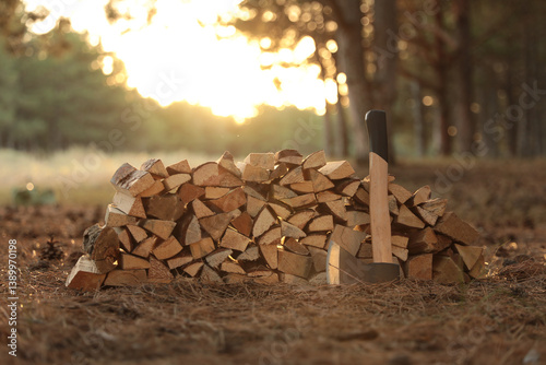 Fototapeta Naklejka Na Ścianę i Meble -  Stack of cut firewood and axe in forest