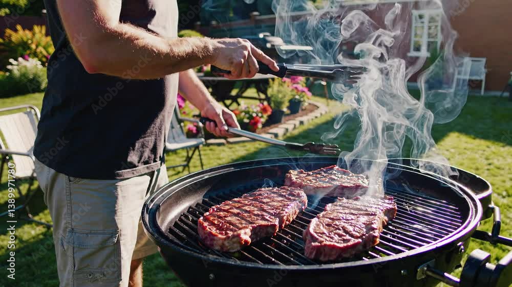 Man grilling steaks on sunny day in backyard with smoke and barbecue tools