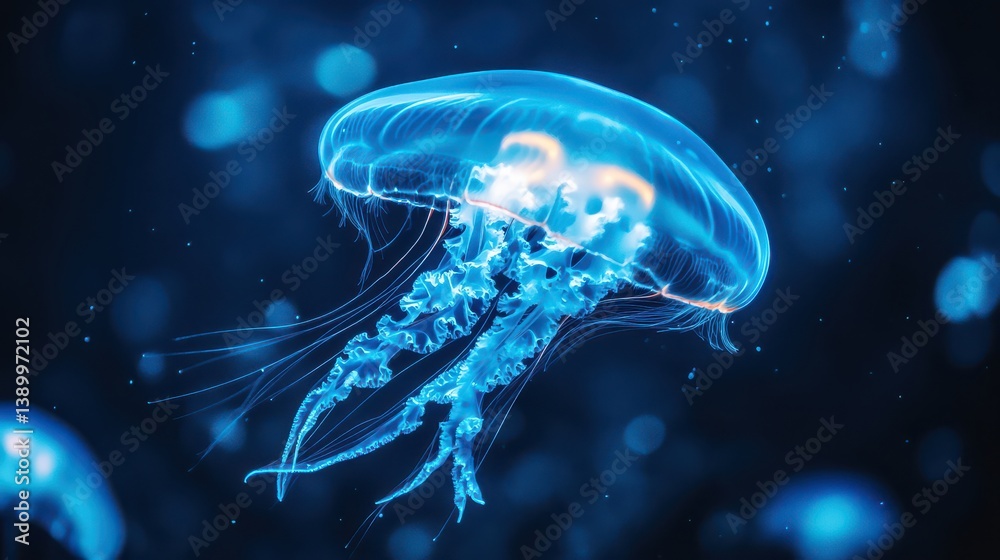 A stunning, high-contrast image of a jellyfish against the deep blue water, its glowing body and delicate tentacles creating an ethereal, dreamlike effect.