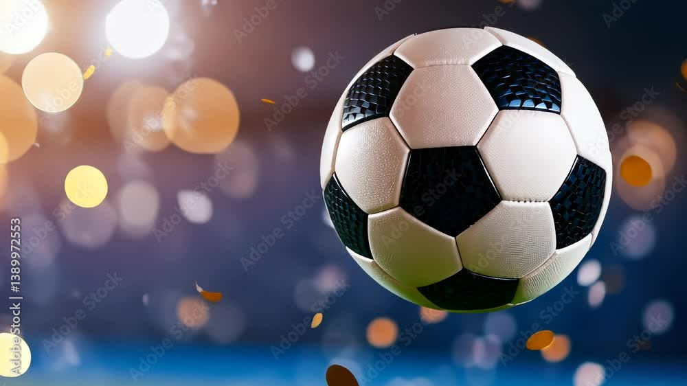 soccer celebratory stadium ball floating in brightly lit Classic with falling confetti background, creating exciting and football atmosphere copy space for text video 4k soccer celebratory stadium ball floating in brightly lit Classic with falling confetti background, creating exciting and football atmosphere copy space for text video 4k
