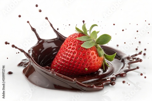 Strawberry Splash in Chocolate Sauce, Isolated on White 