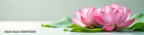 Pink lotus flowers with delicate green leaves on a white surface, flower, pink color