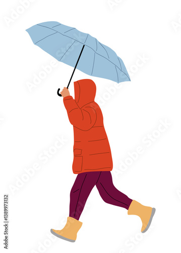 Person in warm autumn clothes, puffer jacket, walking with umbrella in rainy weather. Cartoon character holding parasol in cold rain, shower.  Flat vector illustration isolated on white background