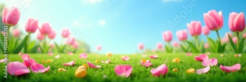 Pink tulip petals scatter across the grassy lawn and soft blue sky in a whimsical garden scene, lawn, nature