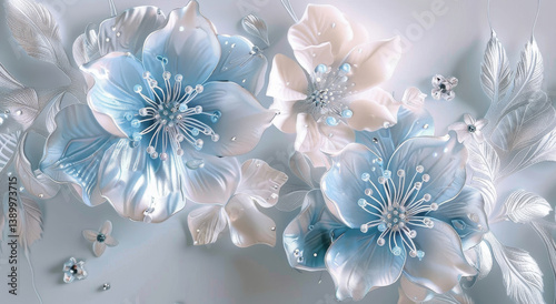 Serene pastel blue and white flowers with shimmering silver accents a dreamy floral arrangement in soft elegant lighting perfect for wallpaper or art print