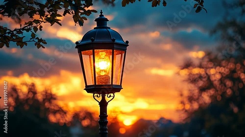 Illuminated lamppost at sunset, golden hour, urban park, tranquil scene, perfect for backgrounds or calming aesthetics