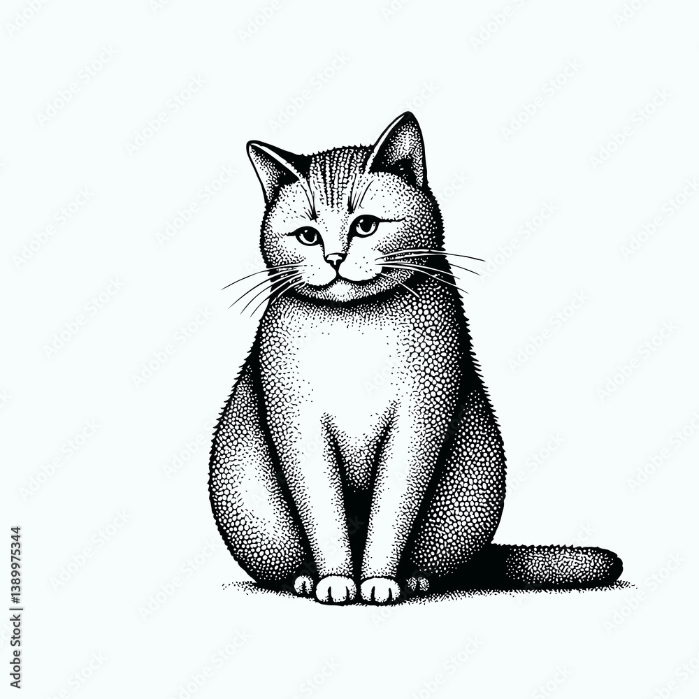 Black and white stippled illustration of a sitting cat