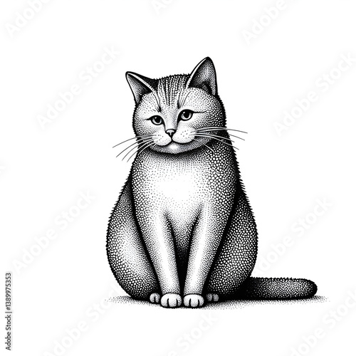 Black and white stippled illustration of a sitting cat