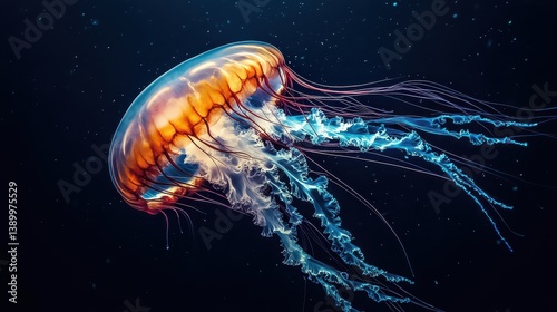 A stunning, high-contrast image of a jellyfish against the deep blue water, its glowing body and delicate tentacles creating an ethereal, dreamlike effect.