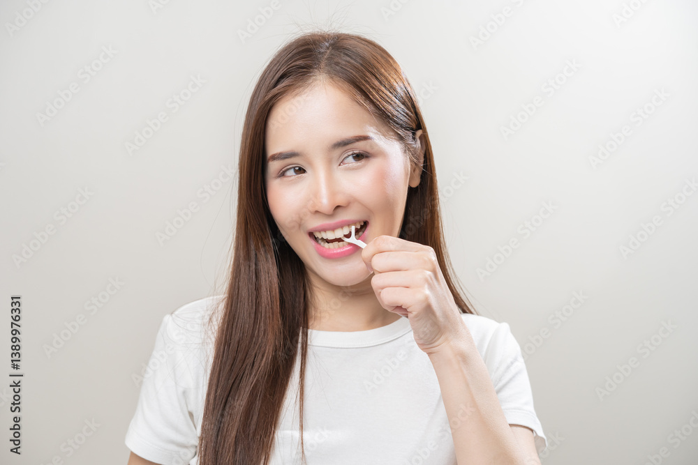 Flossing teeth, dental care hygiene concept, asian young woman flossing teeth with dental floss, smile happy with perfect white teeth, using tooth floss cleaning, healthy teeth isolated on background. Flossing teeth, dental care hygiene concept, asian young woman flossing teeth with dental floss, smile happy with perfect white teeth, using tooth floss cleaning, healthy teeth isolated on background.
