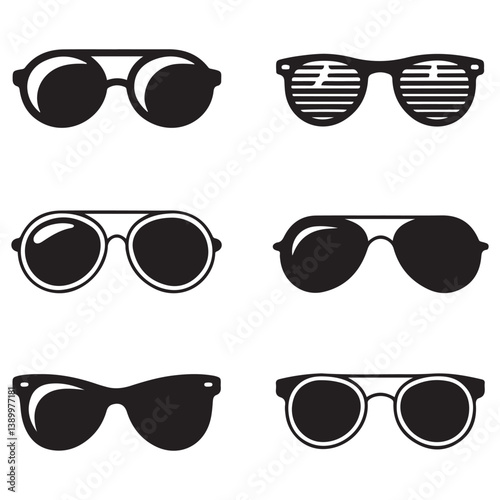 Sunglasses icons. sunglass, mens glasses Vector Black silhouettes and retro eyewear icon. Polarized geek glasses, hipster sun lens ocular. Isolated symbols vector set. with white background