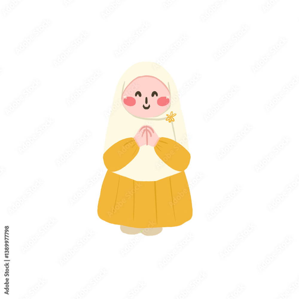 Smiling Girl in Yellow Dress and Cream Hijab, Hands in Prayer Smiling Girl in Yellow Dress and Cream Hijab, Hands in Prayer