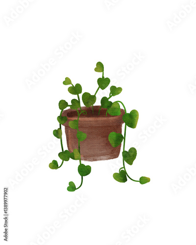 Heartleaf Plant in Terracotta Pot: Watercolor Illustration