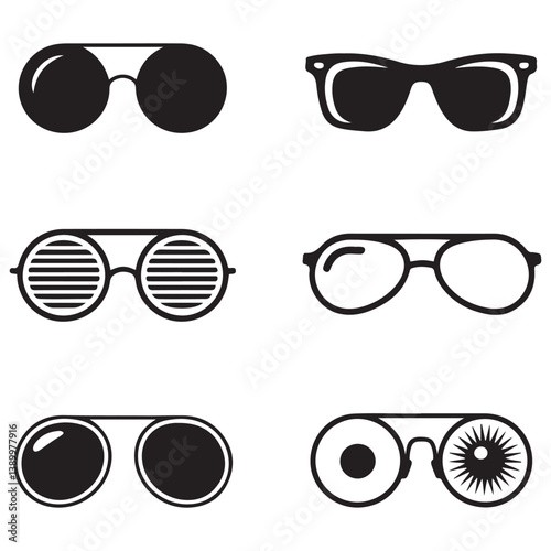 Sunglasses icons. sunglass, mens glasses Vector Black silhouettes and retro eyewear icon. Polarized geek glasses, hipster sun lens ocular. Isolated symbols vector set. with white background