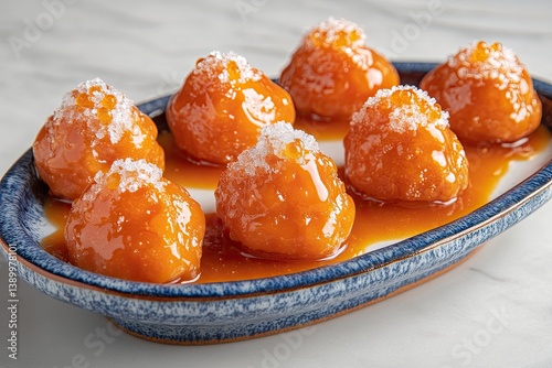 Sweet, orange balls in syrup photo