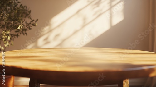 Sunlit wooden table, plant, room, shadows, product display