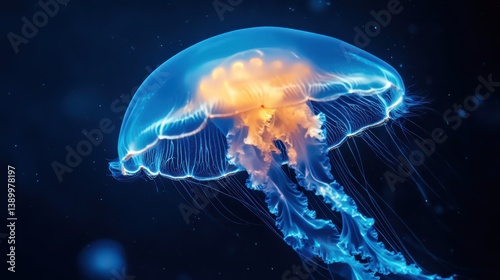 A stunning, high-contrast image of a jellyfish against the deep blue water, its glowing body and delicate tentacles creating an ethereal, dreamlike effect.