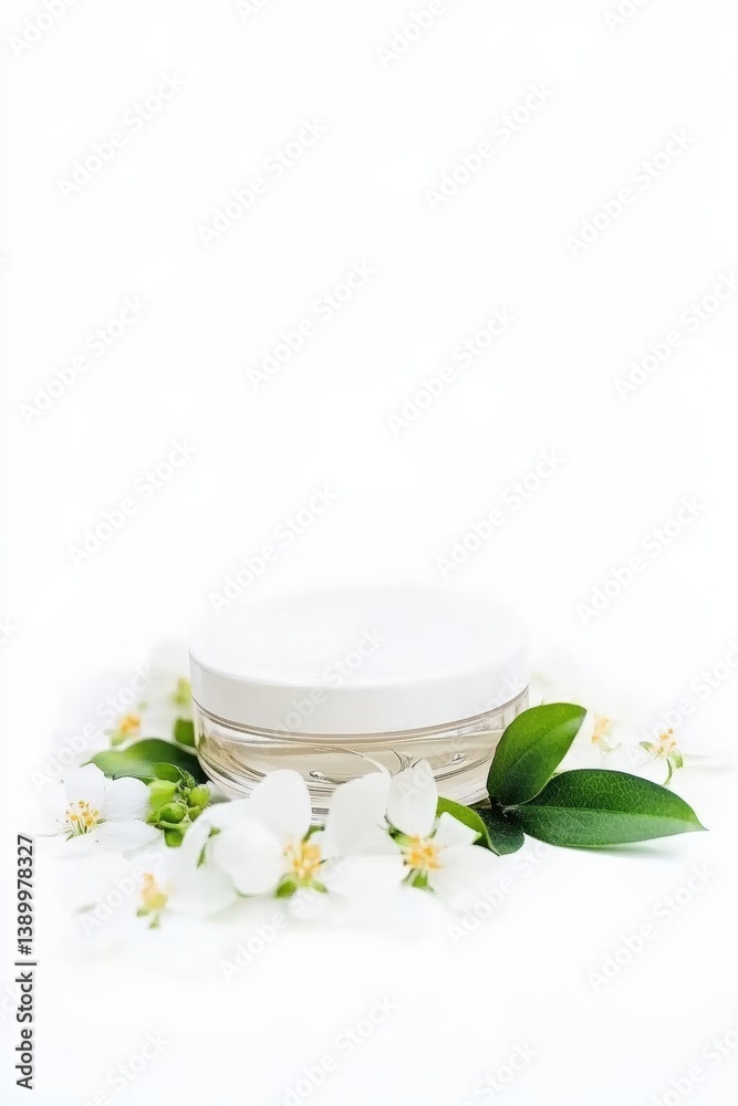 Luxurious skincare cream surrounded by delicate white flowers and lush green leaves, highlighting natural beauty and purity benefits. Luxurious skincare cream surrounded by delicate white flowers and lush green leaves, highlighting natural beauty and purity benefits.