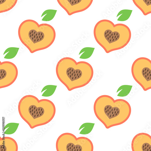 Seamless pattern with cute peaches hearts on a white background for Valentines Day. Peach halves with heart shaped pit in cartoon style. Vector pattern for a wrapping paper, textile prints, wallpaper
