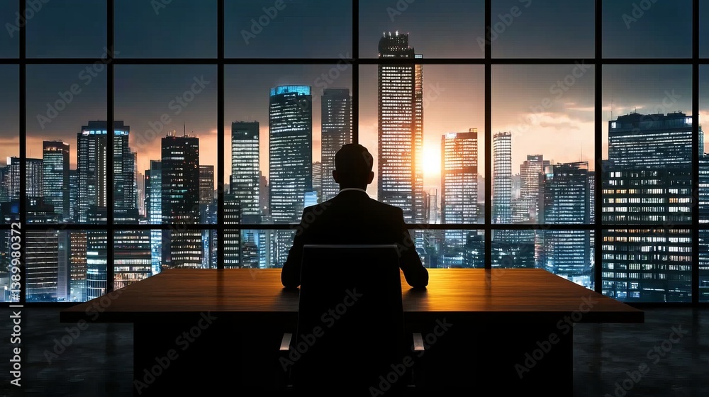 Overload workplace burnout. A silhouette of a person sits at a desk, gazing out at a city skyline during sunset, symbolizing ambition and corporate success. Overload workplace burnout. A silhouette of a person sits at a desk, gazing out at a city skyline during sunset, symbolizing ambition and corporate success.