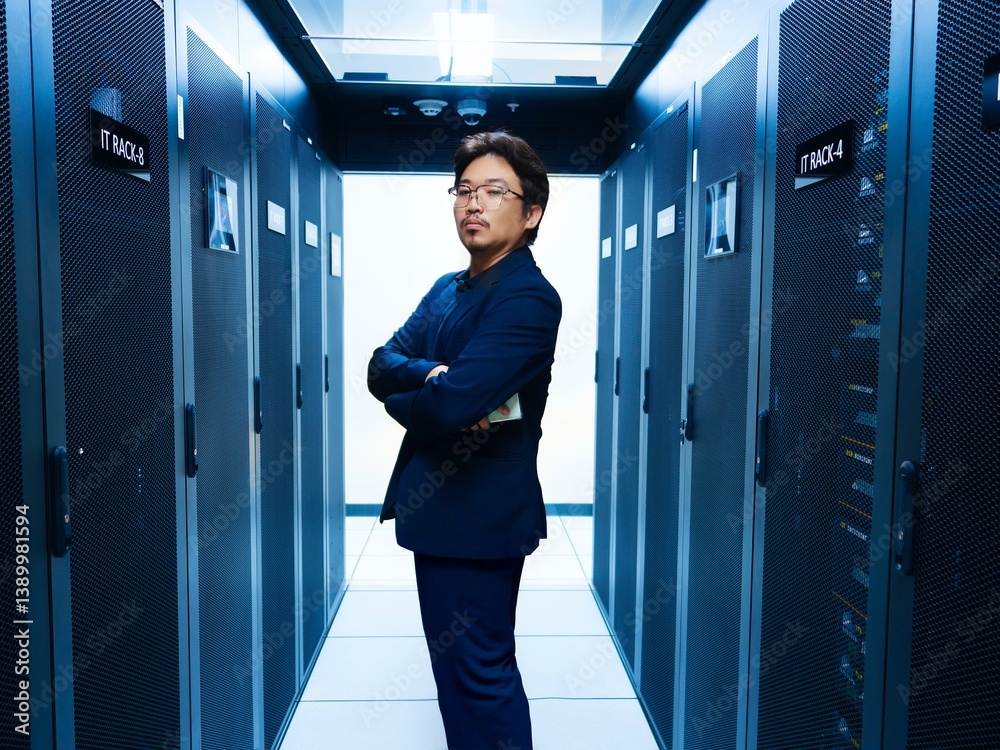 Professional Man in Data Center with Server Racks