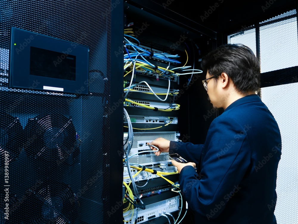 Technician Working on Server Rack with Network Cables