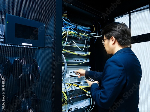 Obraz na płótnie Technician Working on Server Rack with Network Cables w salonie