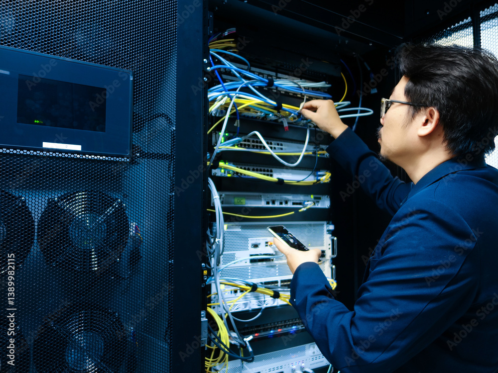 Technician Configures Network Equipment in Server Room
