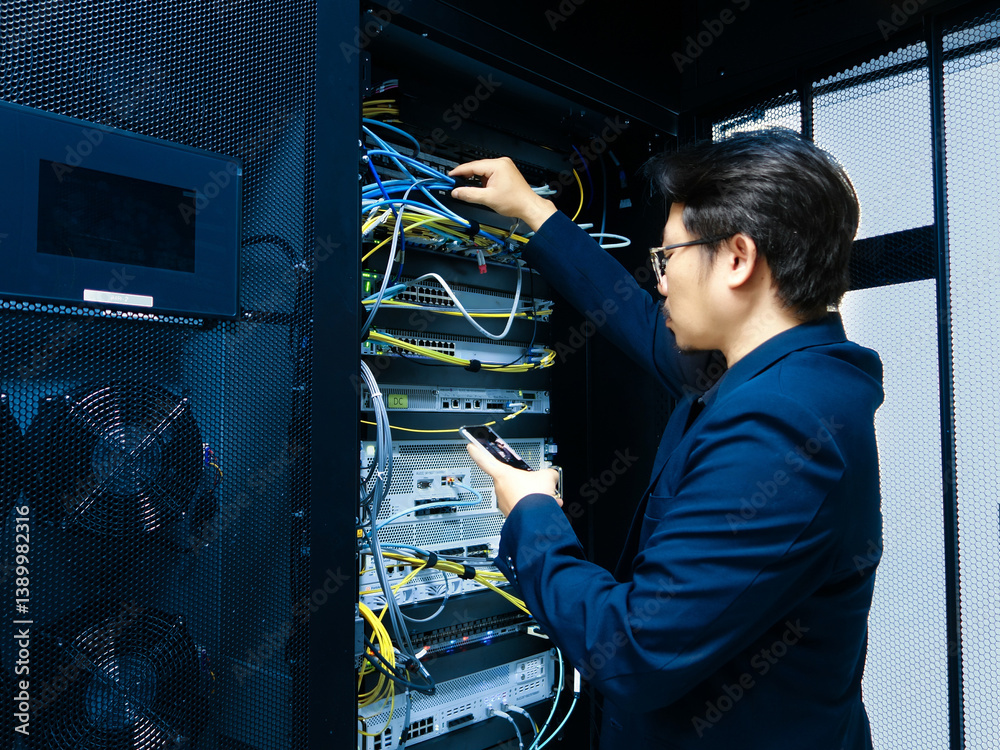 IT Technician Managing Network Equipment In Server Room