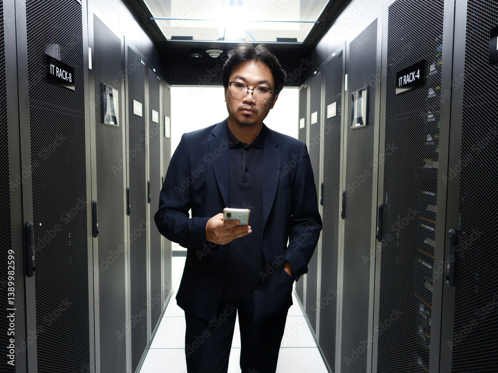Professional Man in Data Center with Smartphone