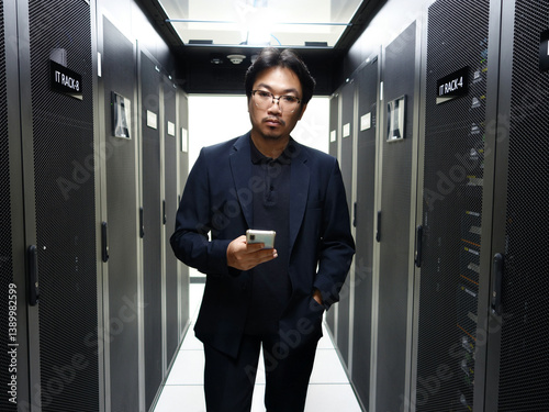 Professional Man in Data Center with Smartphone