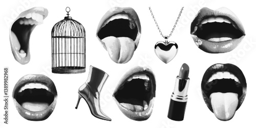 Pop art female character elements cage, mouth, heel, lipstick, heart pendant for halftone collage art. Grunge black and white open mouth with tongue. Vector.