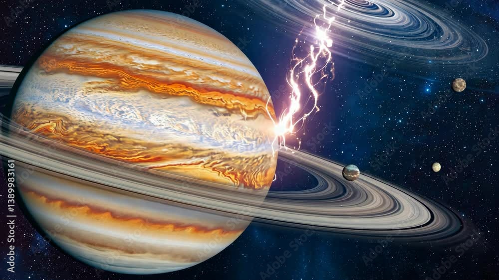 Majestic Jupiter showcases swirling gases and powerful lightning amidst its rings and moons in a cosmic view of the solar system