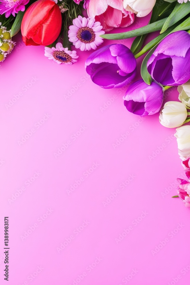 Vibrant spring flowers on a pastel pink background, showcasing colorful tulips and daisies. Perfect floral inspiration for seasonal decor.