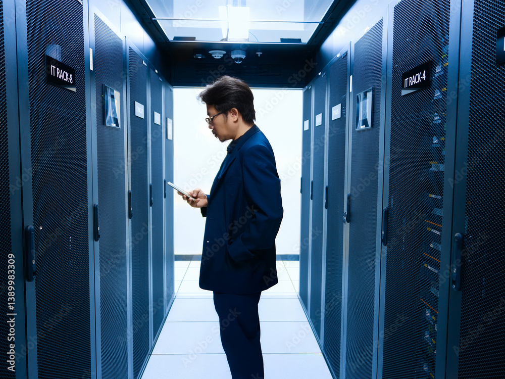 Businessman Using Smartphone in Data Center Corridor