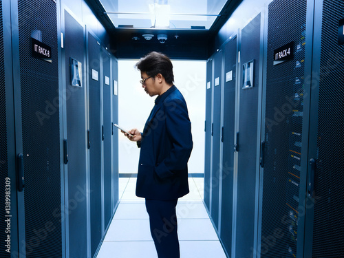 Businessman Using Smartphone in Data Center Corridor