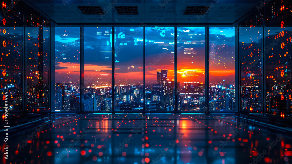 Fototapeta premium Futuristic Office Data Center with Cityscape View at Sunset, High-Tech Network Servers, Digital Connectivity, Modern Technology Concept, Bright Skyline, Computer Science, Business Innovation