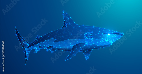 A luminous wireframe shark rendered in electric blue polygons, evoking marine power and futuristic design. Perfect for tech, ocean-inspired visuals, or abstract creative concepts. Vector illustration