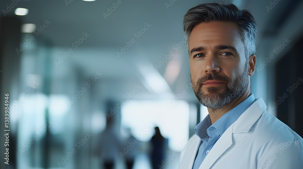 Confident healthcare provider in a white coat looks directly at the camera, standing in a medical facility corridor. Focus on expertise and care. Shot with soft, professional lighting. Confident healthcare provider in a white coat looks directly at the camera, standing in a medical facility corridor. Focus on expertise and care. Shot with soft, professional lighting.