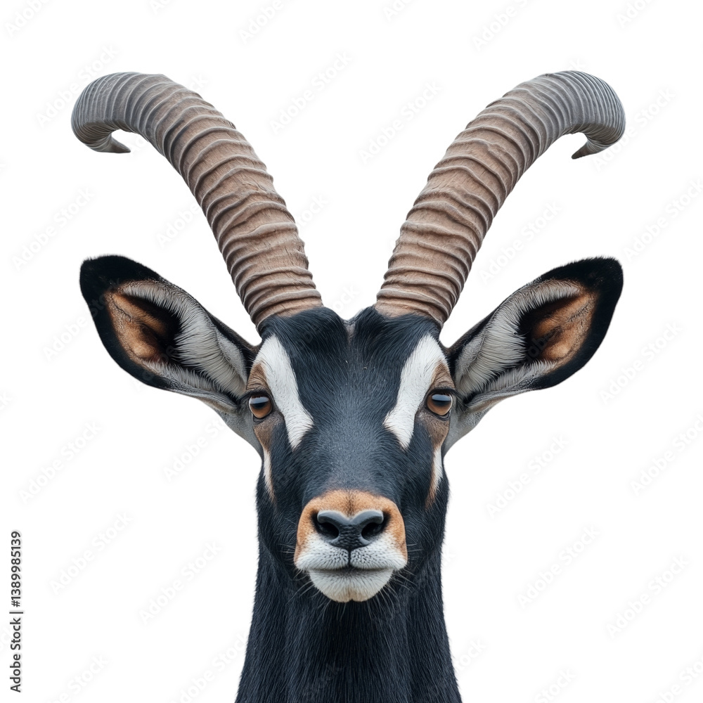 Fototapeta premium Close-up Portrait of a Beautiful Goat with Unique Spiral Horns on white background