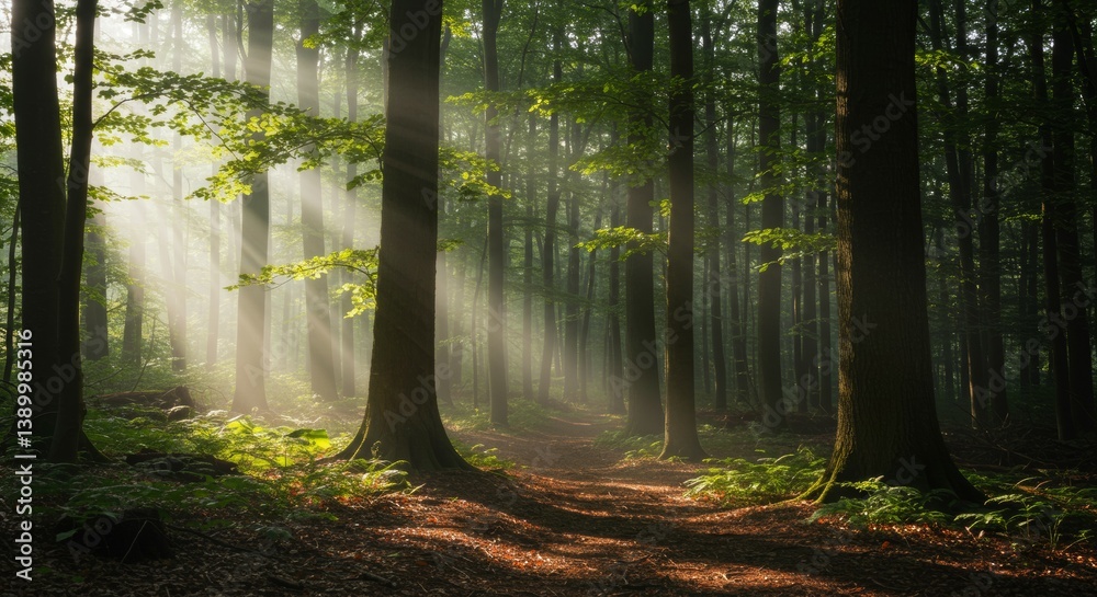 Fototapeta premium Sunbeams Illuminating a Misty Forest Path