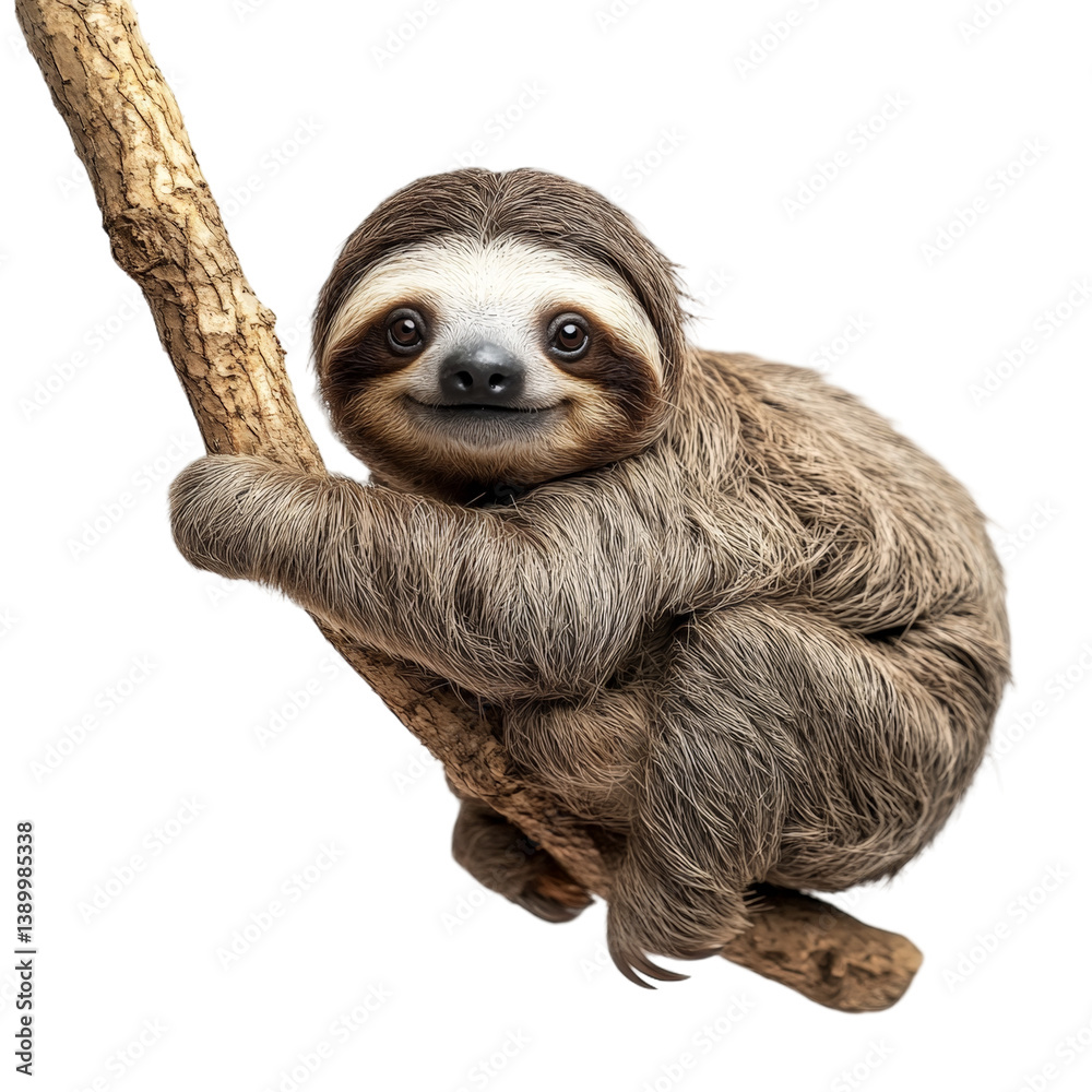 Fototapeta premium Cute Sloth Relaxing on Tree Branch in a Lush Green Environment on white background