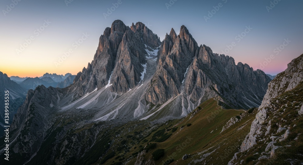 Obraz premium Majestic Dolomites at Sunset: A breathtaking panoramic view of the towering peaks and valleys of the Italian Dolomites during a serene sunset.