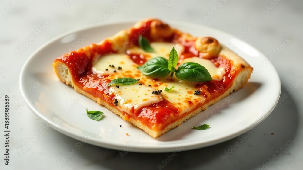 A Delicious Square Slice of Pizza with Melted Cheese and Fresh Basil on a White Plate A Delicious Square Slice of Pizza with Melted Cheese and Fresh Basil on a White Plate