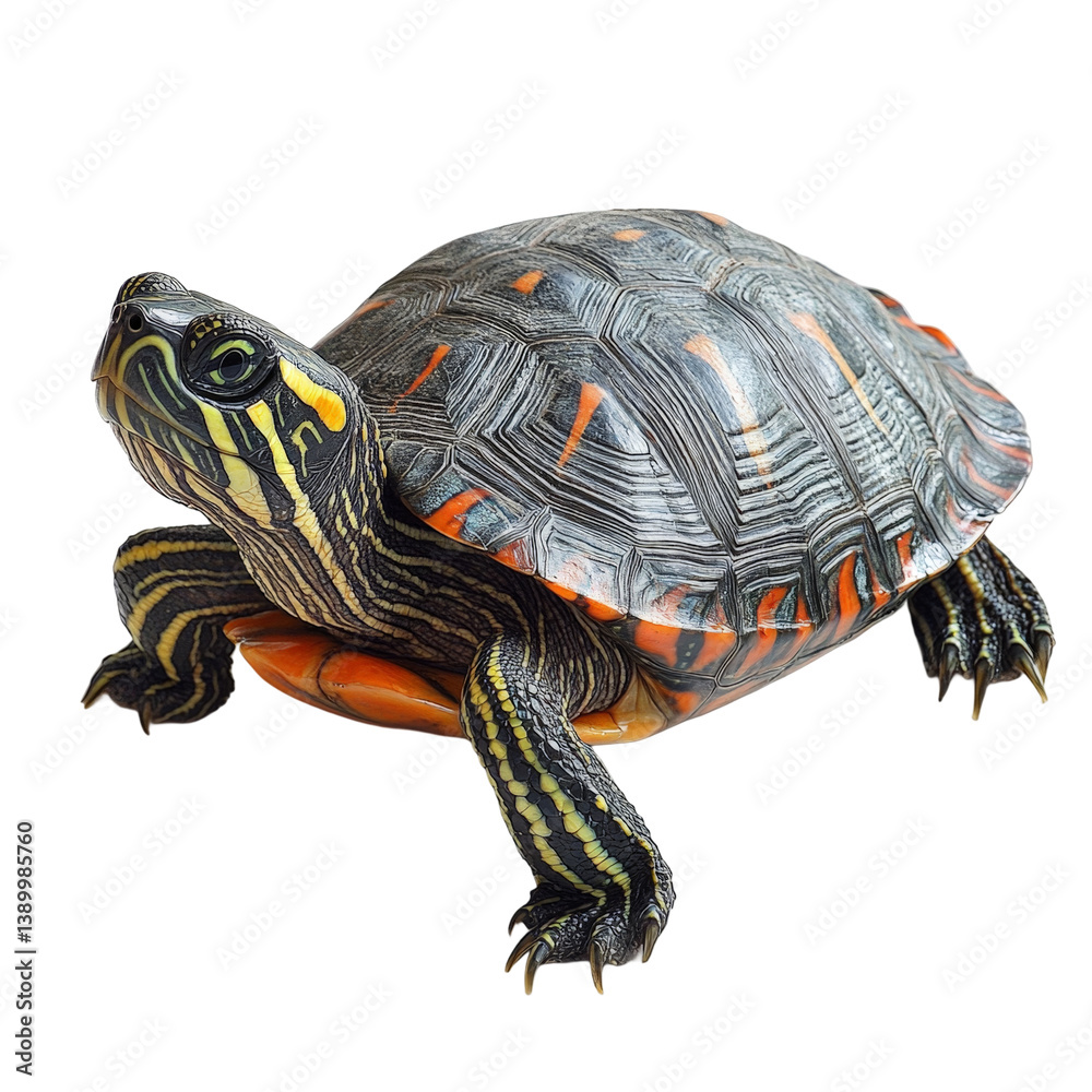 Fototapeta premium Colorful Turtle with Unique Shell Pattern Resting on Bright Surface on white background
