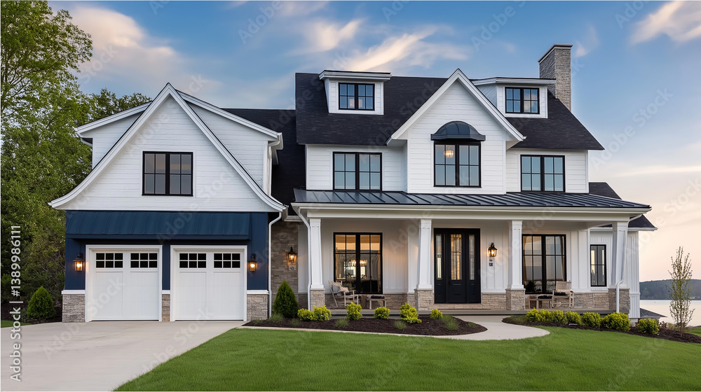 Obraz premium Modern farmhouse with black trim and lush green lawn exhibiting timeless elegance