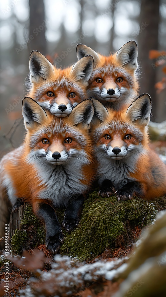 Obraz premium Wild red foxes sitting on mossy ground high resolution picture