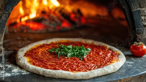 A traditional wood-fired oven with homemade sourdough pizza dough, spread with tomato sauce, about to be baked, showing the authentic process of Italian pizza creation.