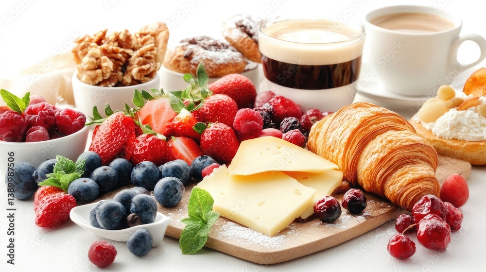 Delicious Breakfast Spread with Berries, Cheese, and Pastries Delicious Breakfast Spread with Berries, Cheese, and Pastries